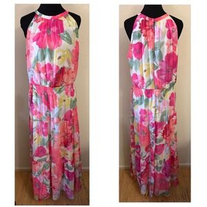 R&K Women Pink Floral Chiffon Tiered Maxi Dress Smocked Waist Size 18 NEW